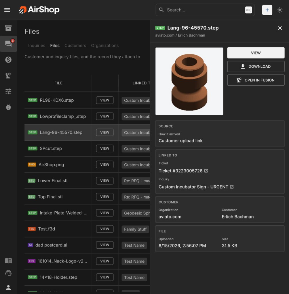 Files grid with detail drawer showing a STEP preview, linked ticket and inquiry, and Open in Fusion