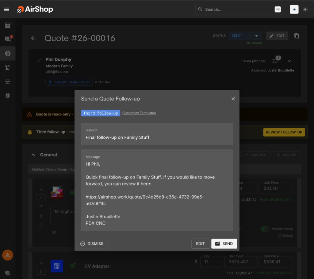 Send a Quote Follow-up dialog with subject, message, and SEND/EDIT/DISMISS actions