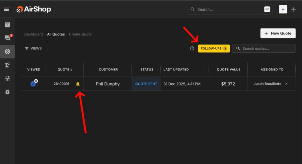 Quotes list with FOLLOW-UPS button and bell icon on quotes needing follow-up