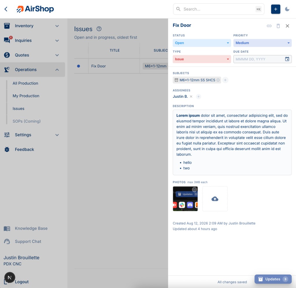 Issue drawer showing status, priority, type, due date, subjects, assignees, description, and photos