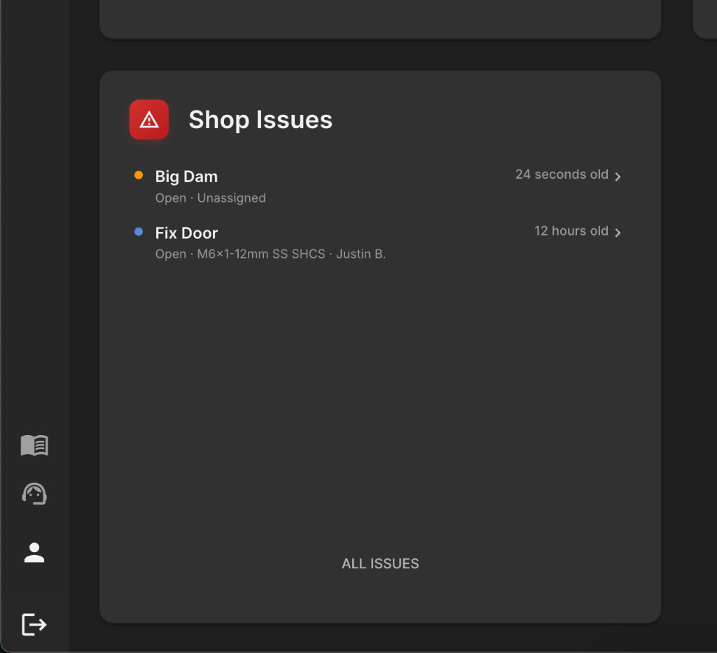 Shop Issues card on the Home dashboard listing open issues with age and assignee