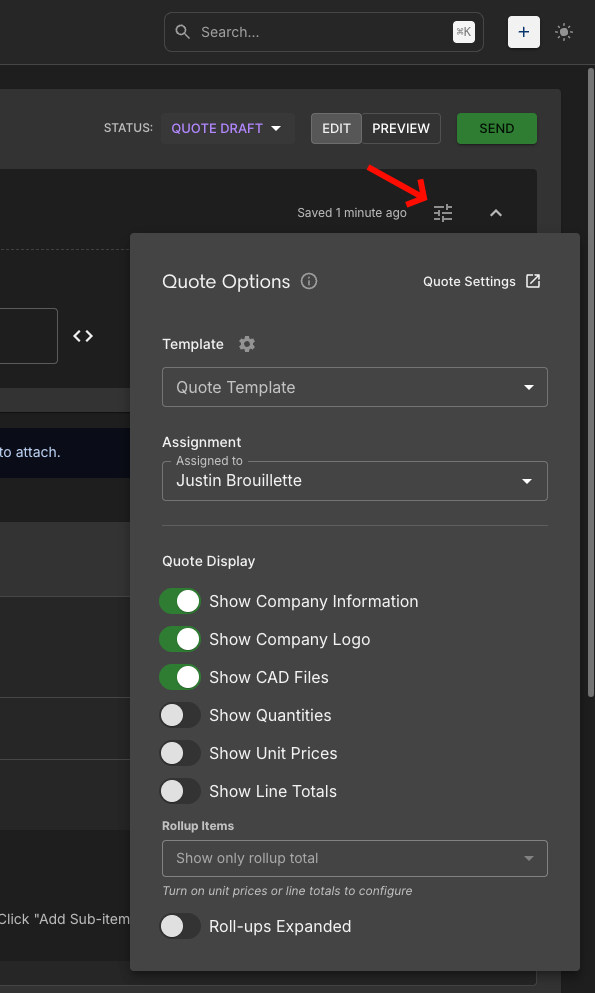 Quote Options panel in Quote Builder